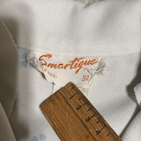 70s Boho White Button Down Shirt w/Floral Print Trim Collared - Small‎ - Picture 9 of 9